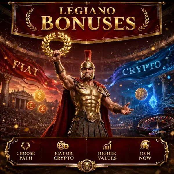 Legiano Casino trionfante con alloro dorato che celebra i percorsi bonus di benvenuto per i nuovi giocatori