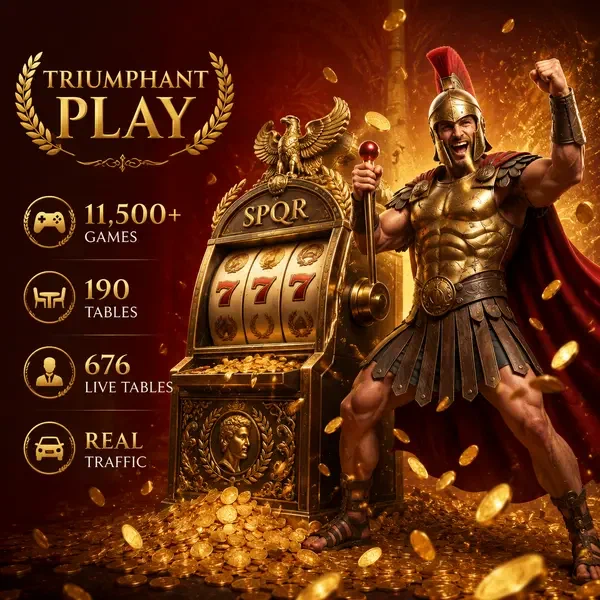 Giocatore trionfante tira la leva della slot machine al Legiano Casino Games con monete d'oro che cadono