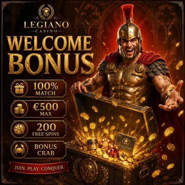 Campione trionfante Legiano che apre il forziere del tesoro del bonus di benvenuto con monete d'oro che si riversano