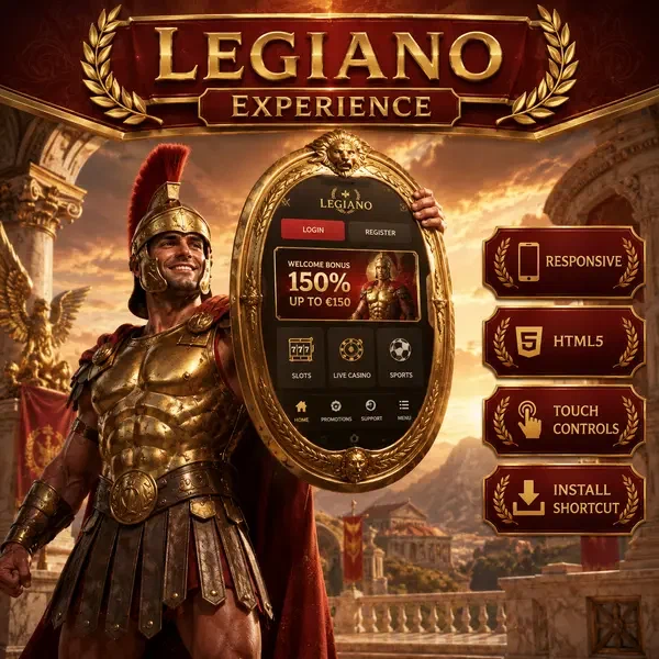 Interfaccia di gioco mobile Legiano Experience che mostra funzionalità app HTML5 responsive