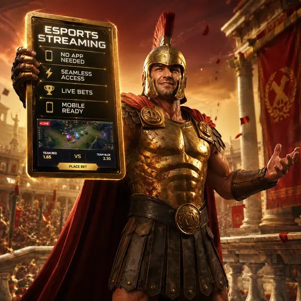 Campione trionfante presenta tablet streaming Mobile Legiano Esports con azione scommesse live