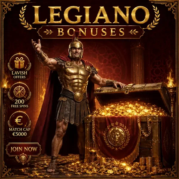 Forziere del tesoro del Legiano Casino traboccante di monete bonus e ricompense dorate